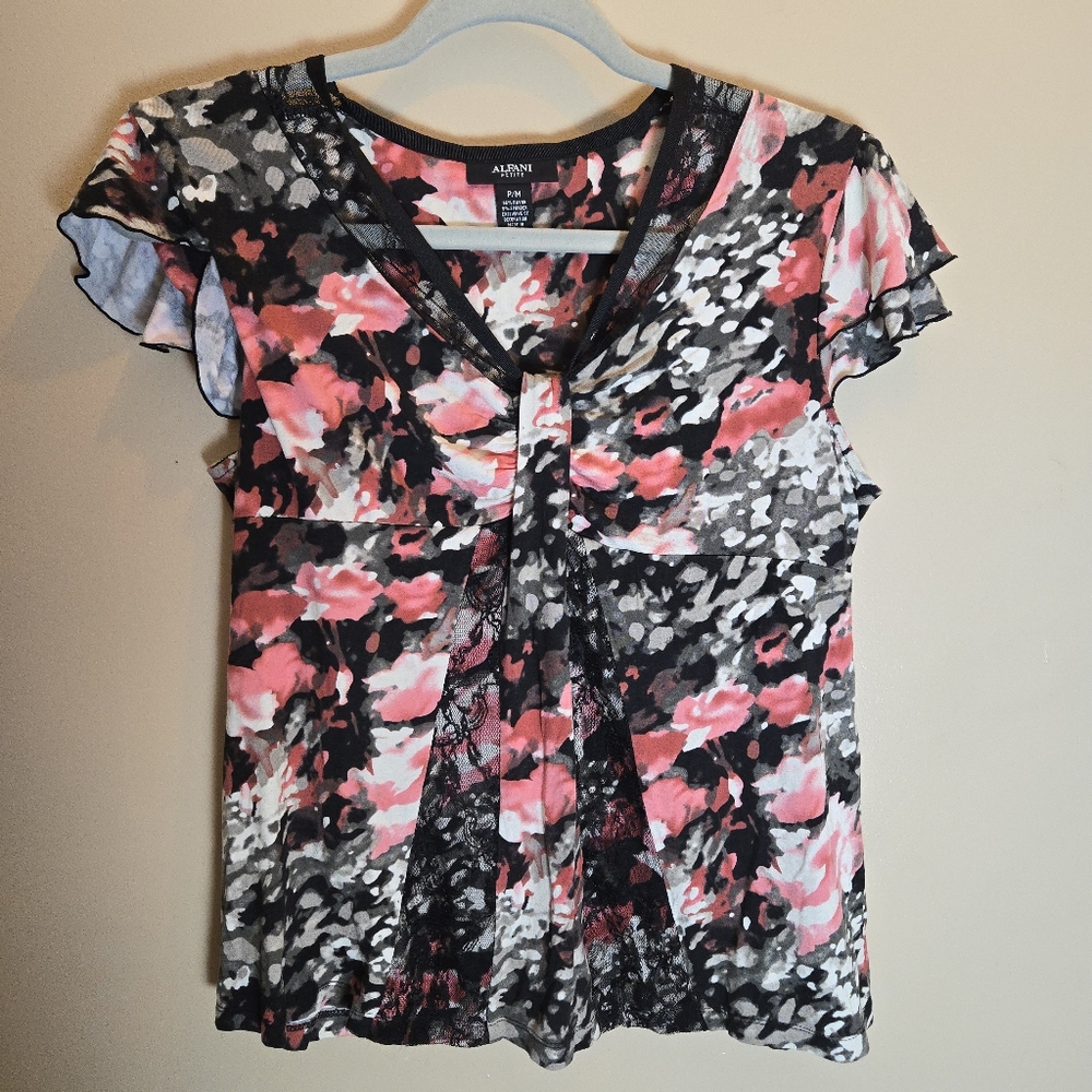 Alfani Y2K Pink Black Lace Blouse Medium Petite MP Office Siren Whimsigoth Vtg